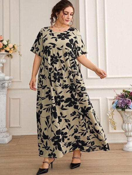 

plus floral print smock dress l385#, Black