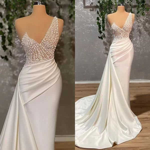 

2022 designer mermaid wedding dresses bridal gown one shoulder strap beaded illusion custom made ruffles ruched south african beach wedding, White