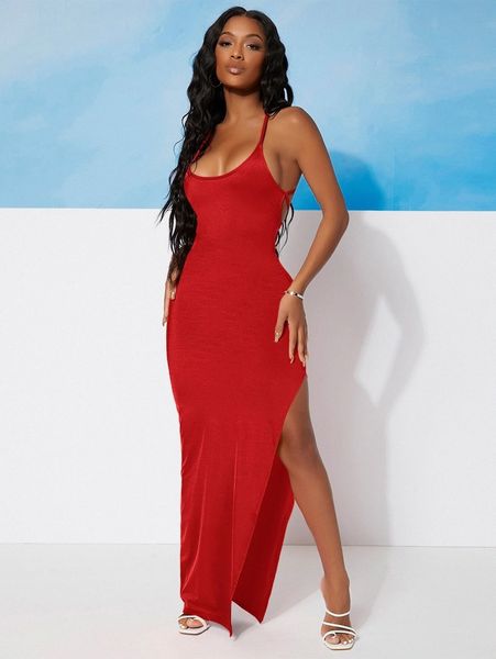 

sxy tie backless split hem cami dress 491x#, Black;gray