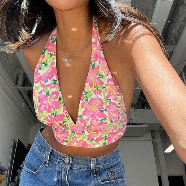 

fsda floral print v neck women crop halter neck backless bandage summer sleeveless tank casual 220407, White