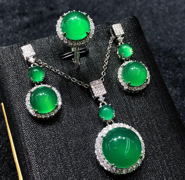 

chalcedony three piece link chain chalcedony pendant ring earrings necklace emerald women's gift set, Black