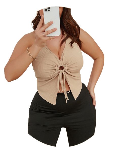 

plus drawstring slit front backless halter e9wr#, Black