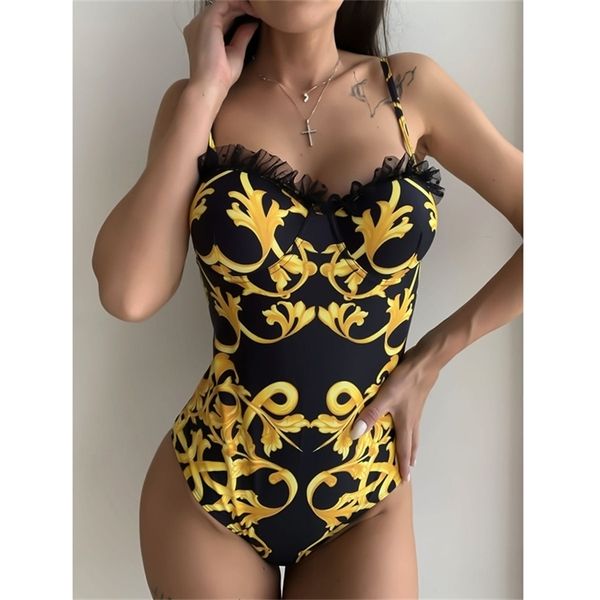Spitze Sexy Frauen Badeanzug Weibliche Gold Print Tanga Brasilianische Push Up Bademode Monokini Badeanzug Beachwear 210407