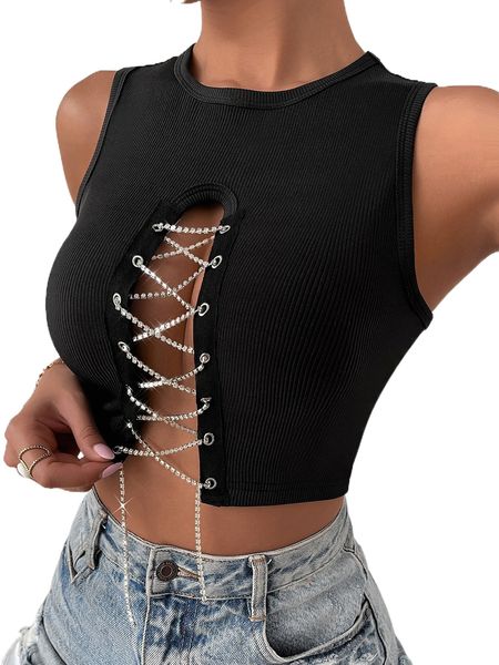 

rhinestone lace up front tank y7ar#, White