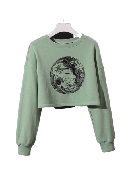 

x yinlu figure graphic drop shoulder crop sweatshirt 67mo#, Black