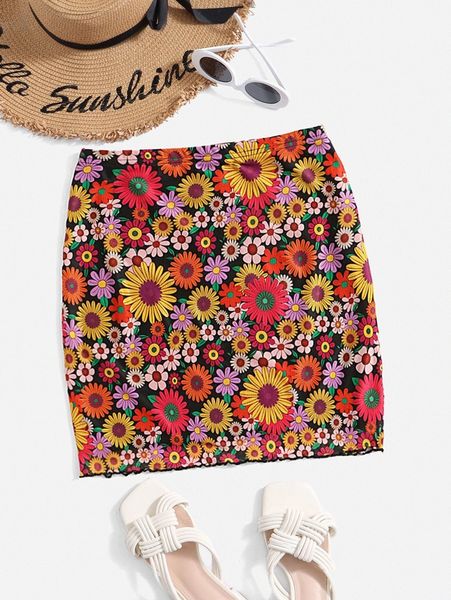 

floral print lettuce trim mesh skirt c7ew#, Black