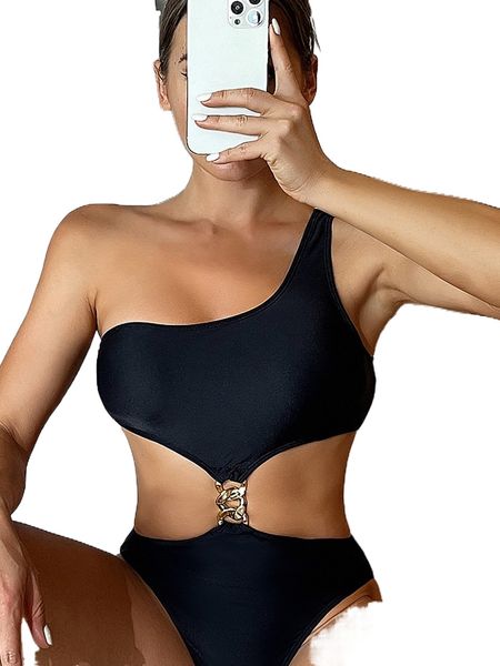 

chain detail cut out one shoulder monokini k8lm#, White;black