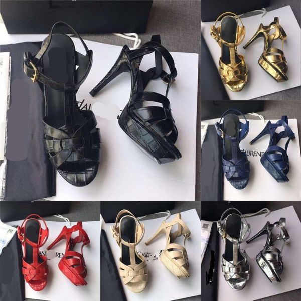 

italy designer luxury tribute sandals summer shoes 100mm high heels women's shoes stone grain cowhide gold-tone hardware sandal branded, Black