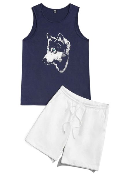 

men wolf print tank & drawstring waist shorts 51mq#, Gray