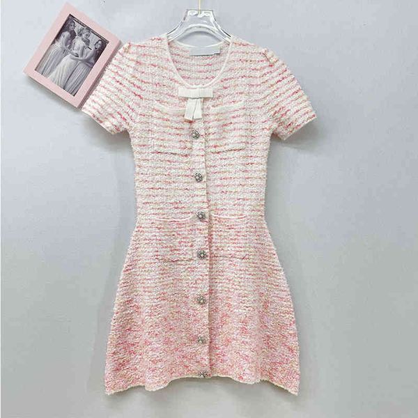 

women's knits & tees spring niche design gradient pink round neck dress bow knot senior celebrity fashion waist knit skirt, White