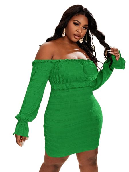 

sxy plus solid off shoulder frill trim bodycon dress b4ph#, Black