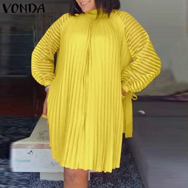 

see through knee length dress vonda summer spring long sleeve women sundress party vestido elegant 220721, Black;gray