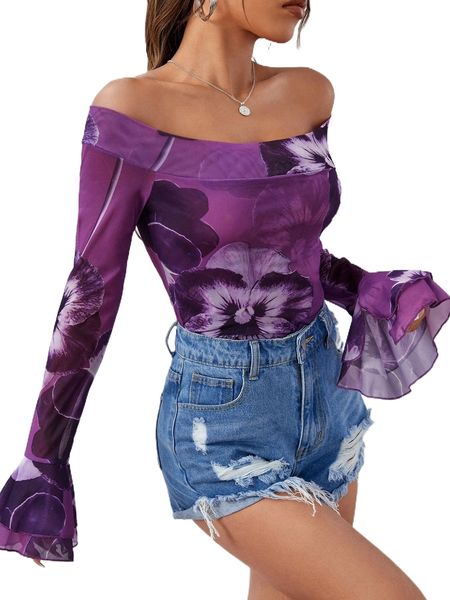 

floral print off shoulder ruffle trim s3qv#, White
