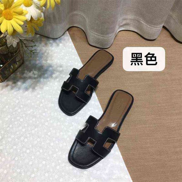 

designer slippers herme classic orans sandals family women's h summer 2022 versatile leather flip flops for tourism wear leisure flat b, Black