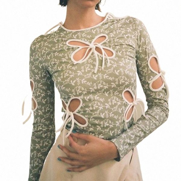 

women's t-shirt vintage butterfly hollow out bandage long sleeve t-shirts streetwear 90s print o-neck green fashion outfits s6r3#, White