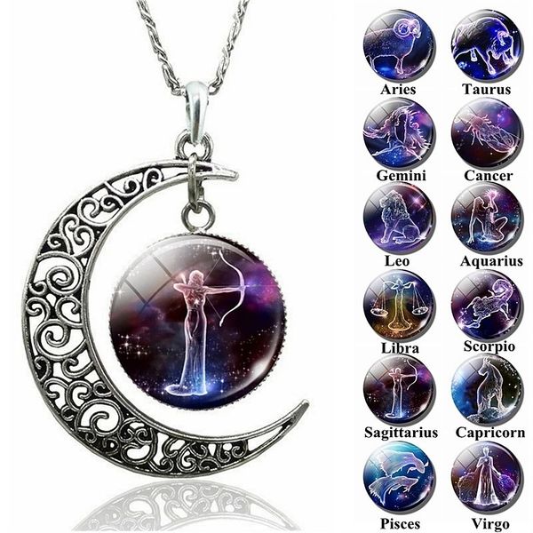 12 Constellation Crescent Moon Pingente Colar Galaxy Zodiac Astrologia Horoscope Charm Charm para homens meninas