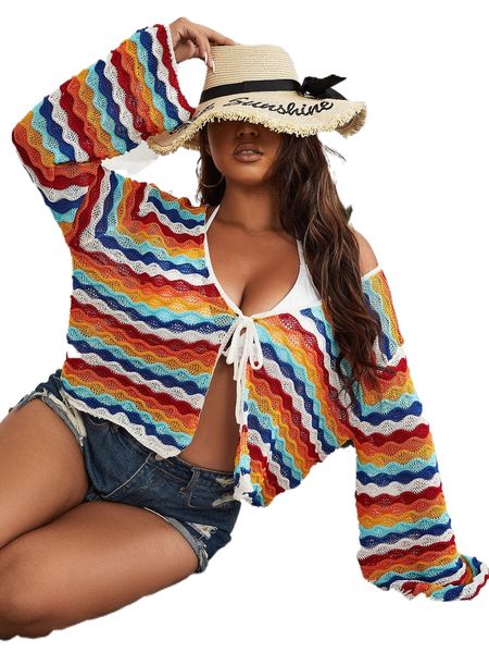 

plus wave block stripe pattern drop shoulder cardigan w575#, Black