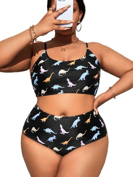 

plus dinosaur print high waist bikini swimsuit a4sn#, White;black