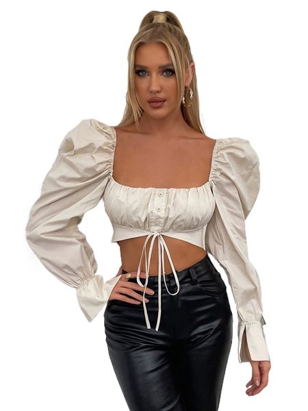 

parthea square neck tie hem ruched puff sleeve e2gr#, White
