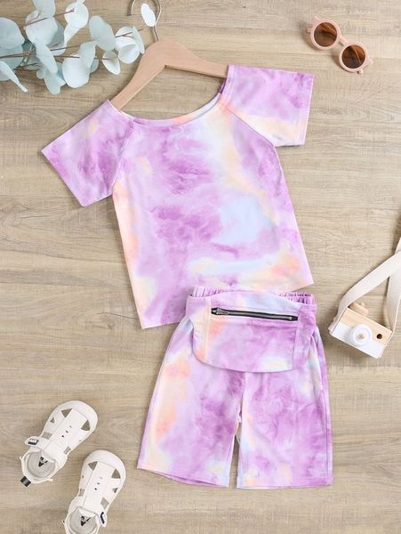 

toddler girls tie dye tee & shorts with belt bag she, White