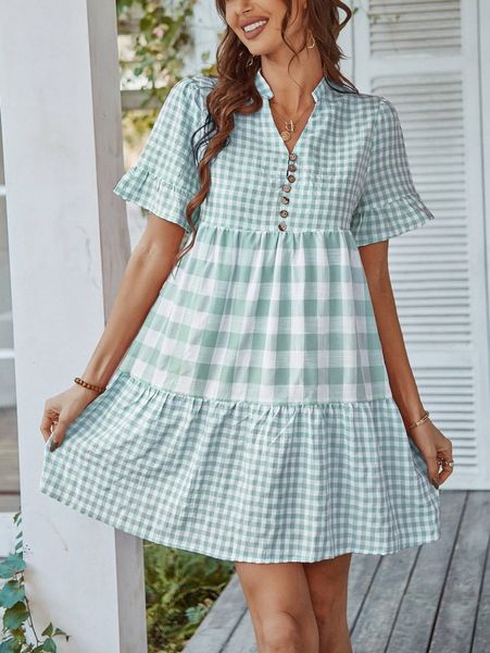 

gingham flounce cuff fake button ruffle hem smock dress 99xr#, Black;gray