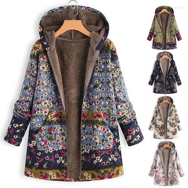 Damen Daunenparka Damen Winter Warm Outwear Blumendruck Langarm Kapuzenmäntel Vintage Flauschiger Fleece-Reißverschlussmantel Lose Damentasche