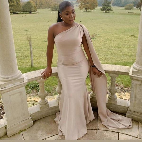 

champagne nude mermaid bridesmaid dresses for weddings with cape african one shoulder plus size party sweep train maid of honor gowns bc1176, White;pink