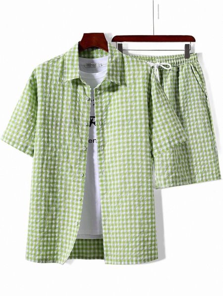 

men gingham print shirt & drawstring waist shorts without tee q4mc#, Gray