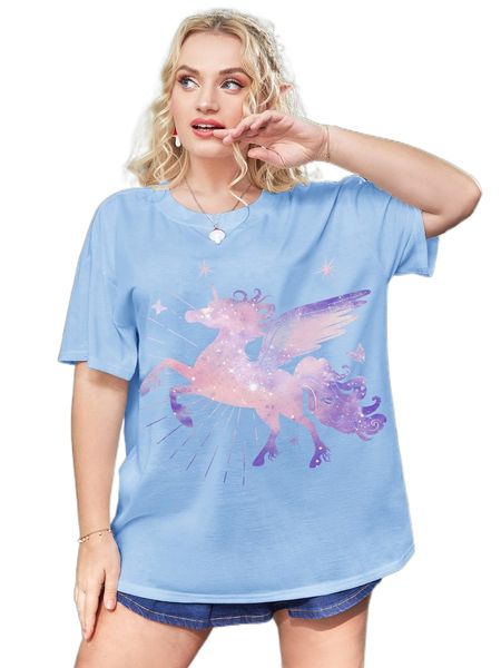 

plus unicorn print drop shoulder tee v5ws#, Black