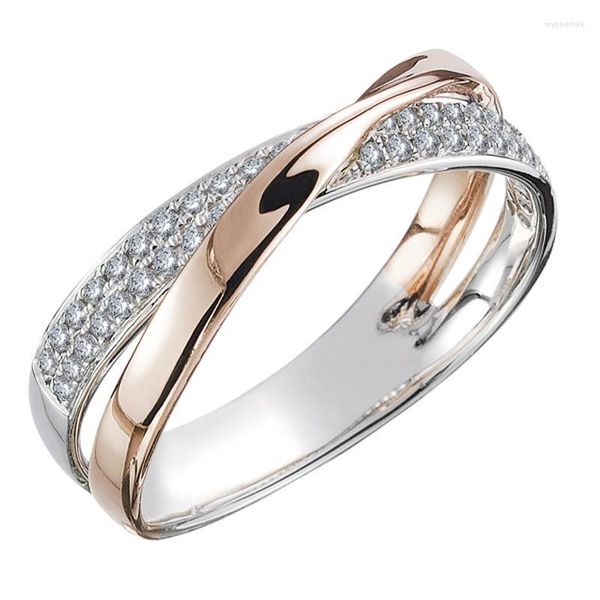 Anéis de casamento huitan est fresco dois tons x forma anel cruzado para mulheres jóias modernas cz cz pedra grande e moderna anilos wynn22