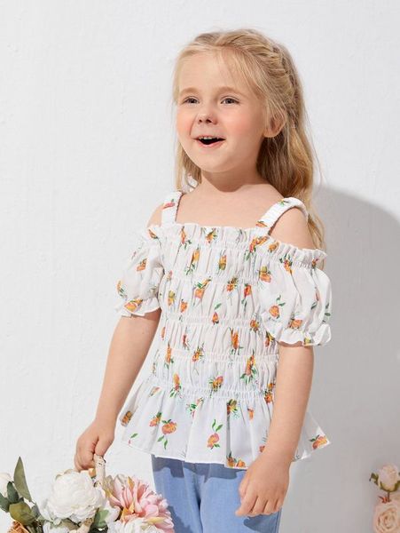 

little girl flower pick shoulder doll shirt she, White;black