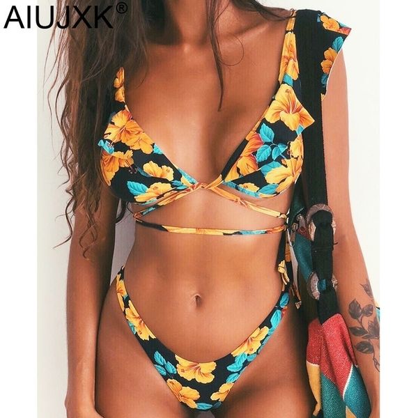 

aiujxk summer floral print lingerie women bandage 2 piece swimsuit ladies beach style bra set swimming underwear suit y200415, Red;black
