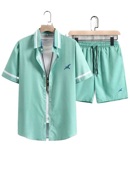 

men bird print shirt & drawstring waist shorts without tee p6wh#, Gray