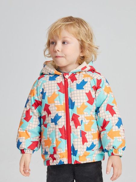 

toddler boys geo & windowpane print raglan sleeve zipper hooded puffer coat she, Blue;gray