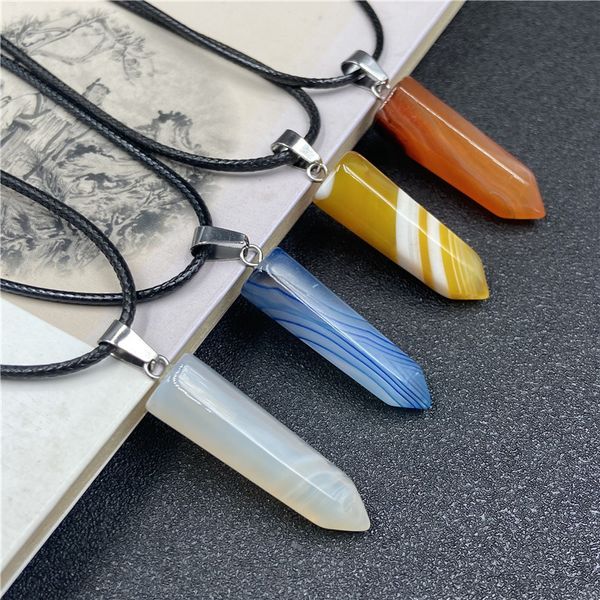 

stripe agate necklaces chakra reiki healing hexagon prism crystal pendant pendulum necklace for women jewelry, Silver