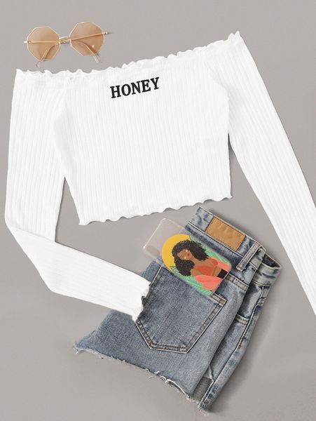 

off shoulder frill trim honey graphic v4ro#, White