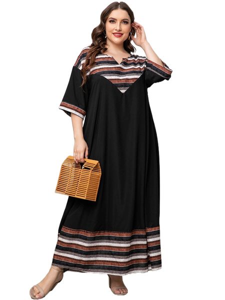 

plus striped & geo print notched neck drop shoulder dress a6c4#, Black