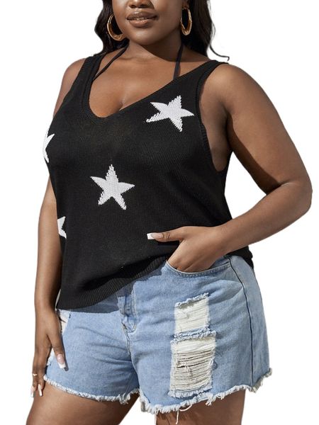 

plus star print knit y7wy#, Black