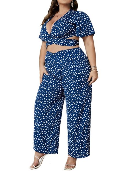 

plus allover print cross wrap tie back & wide leg pants i94g#, Black