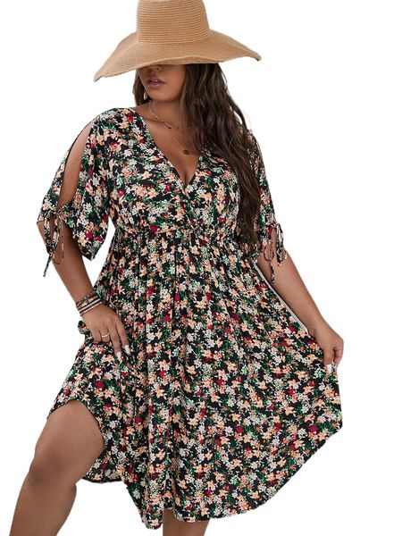 

plus size dresses allover floral print knot cuff slit sleeve overlap collar dress 63ai#, Black