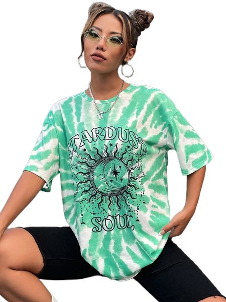 

tie dye letter & sun print drop shoulder tee w5sv#, White