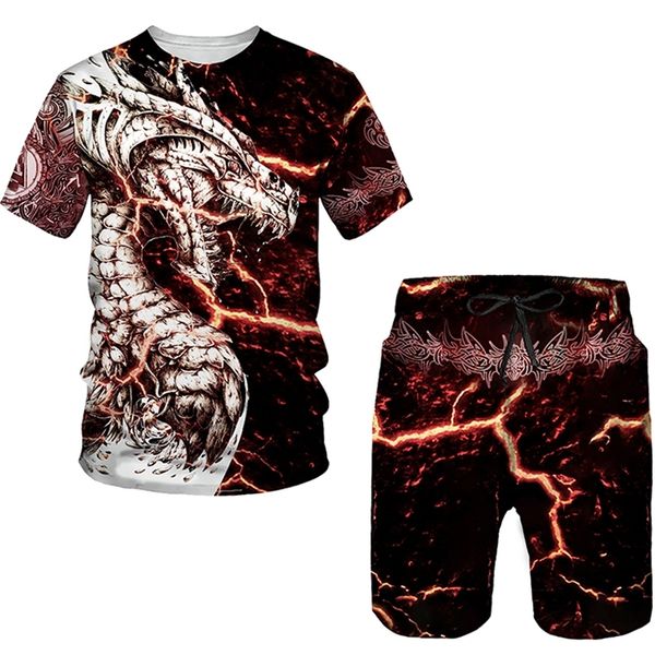 Flying Dragon 3D-gedrucktes Herren-T-Shirt-Set, Herren-Trainingsanzug, Oberteile, Shorts, Sportbekleidung, cooles Kurzarm-Sommer-Anzug für Männer, 220704