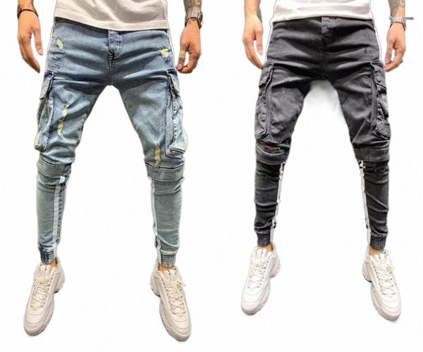 

men's jeans skinny side stripe pencil hip-hop biker denim multi-pockets sports male jogging cargo pants s-3l siz time limited u0qg#, Blue