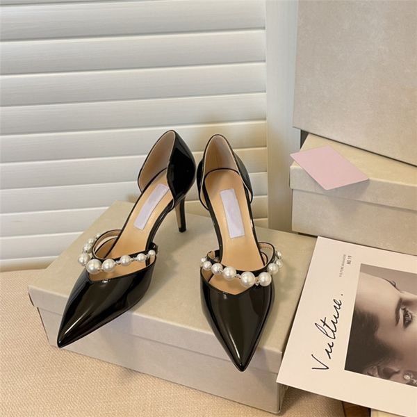 

woman dress shoes pearl decorate heels pointed toe high heel patent leather stilettos heel height 6.5 and 8.5cm with box size 34-40, Black