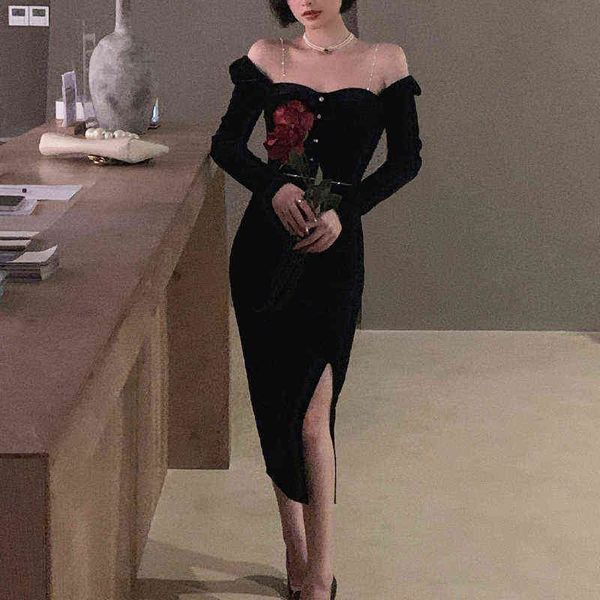 Elegante abito lungo in velluto nero da donna Abito da sera con spacco a catena gotico vintage Abito da sera sexy con spalle scoperte Y2K 2021 Inverno nuovo G220414