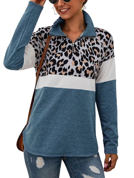

colorblock & leopard half zipper placket tee z70y#, White