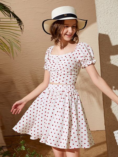 

teen girls sweetheart neck puff sleeve and polka dot skirt set she, White