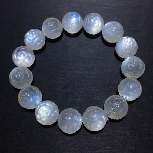 

natural blue light moonstone carved beads bracelet women men 14.3mm stretch rainbow light moonstone clear round beads aaaaaa, Silver