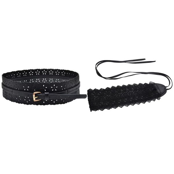 

belts 2 pcs women's vintage flowers wide waist waistband buckle black 85x6cm & 210x10cm, Black;brown