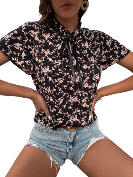 

floral print tie neck u0mu#, White